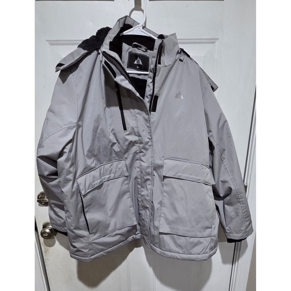 Pooluly Gray Winter Ski Jacket With Faux Fur Hood Women 3XL